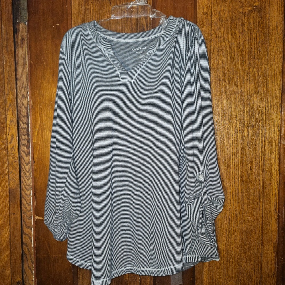 Coral Bay Type Top Womens Large Energy Navy Blue Striped Roll Tab Sleeve Casual